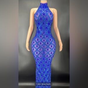Elegant Blue Sequin Dress Birthday Crystal Glamour Formal Evening